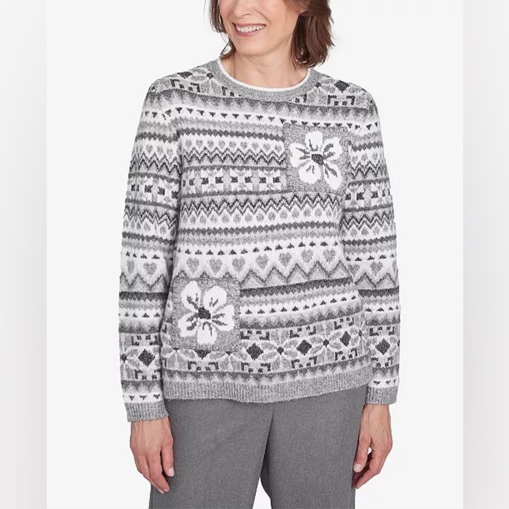 Alfred Dunner Copenhagen Fair Isle Biadere Patch Sweater